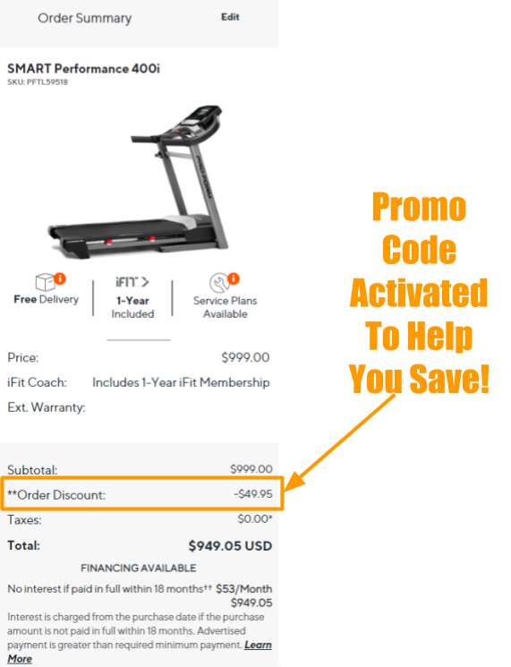 ProForm SMART Performance 400i Treadmill Promo on Cart